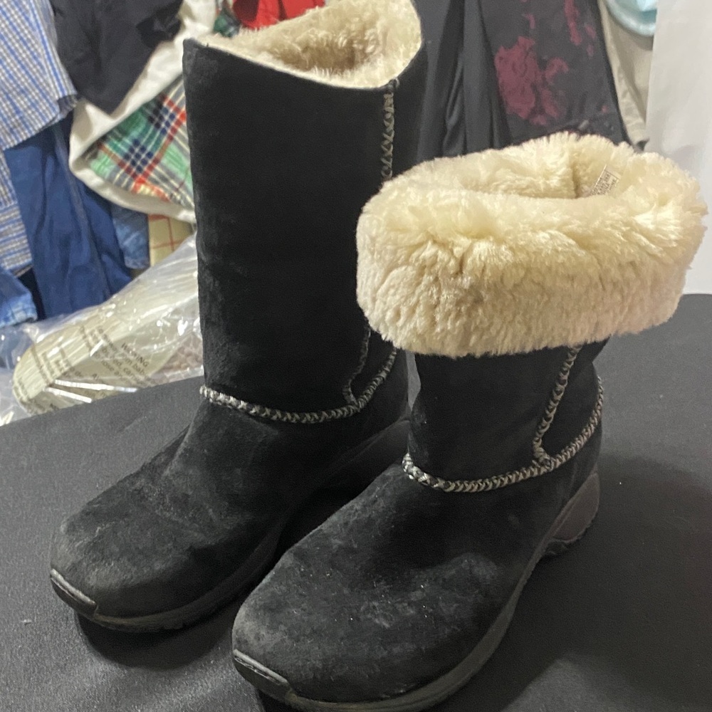 MERRELL ENCORE STITCH HIGH BLACK BOOT WO SIZE 7 SUEDE FAUX FUR LINED EUC‎ CLEAN